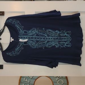 NWT Sz Med Westport DressBarn navy blue tunic with aqua design and rhinestones